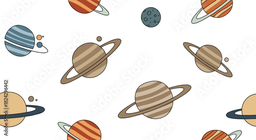 A simple and cute seamless pattern of cartoon planets, including Saturn and its rings, scattered on a clean white background design.