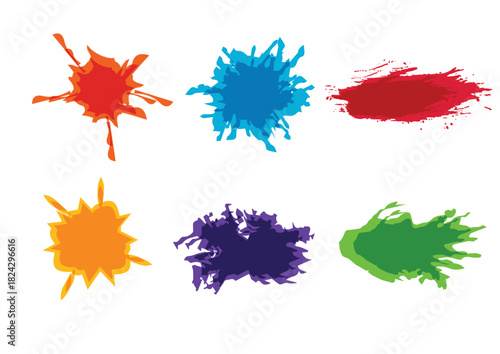 Colorful Paint Splatter and Splash Vector Set. Isolated Flat Cartoon Collection of Round Stains, Drops, and Decorative Liquid Shapes