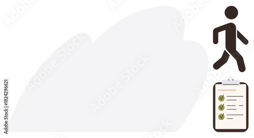 Person icon walking towards a checklist with completed tasks. Ideal for productivity, planning, organization, goal-setting, achievement, career growth, motivation. A simple flat metaphor
