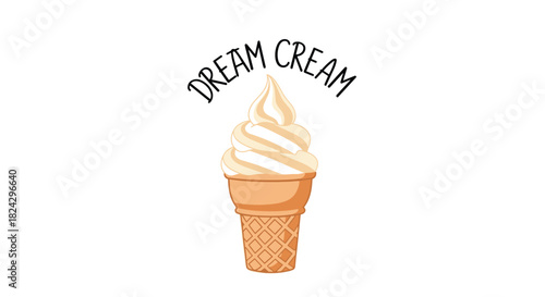 A simple and delicious illustration of a vanilla soft serve ice cream cone with the handwritten text 'Dream Cream' placed above it.