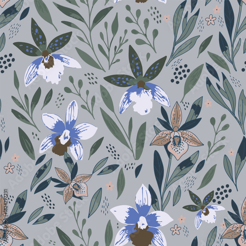 Vibrant tropical seamless pattern with rare orchids. Epicattleya Rene Marques and Zygopetalum flowers and leaves. Floral textile design.