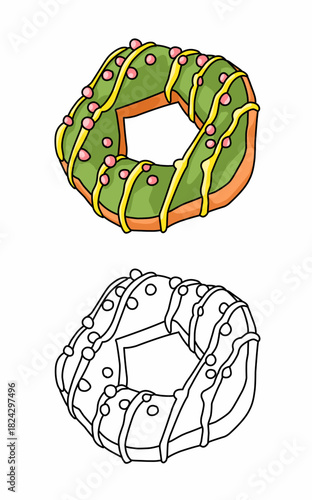 a donut coloring page with a green glaze and yellow icing coloring page book for kids