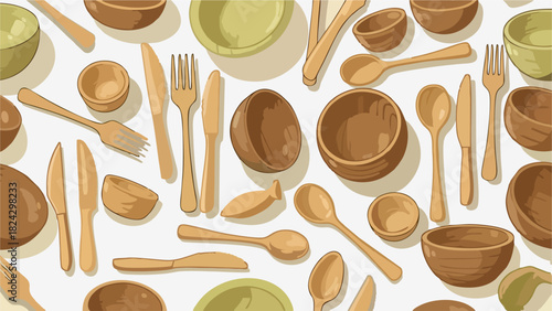 Wooden Kitchen Utensils Seamless Pattern Eco Friendly Tableware for Sustainable Living