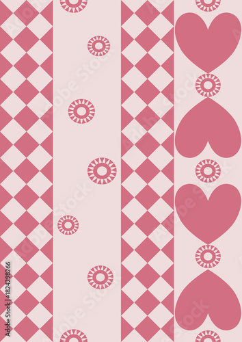 Seamless vector pattern in shades of pink vertical stripes diamond checks, abstract circular sunburst/flower motifs,hearts. Ideal for romantic backgrounds,fabric printing,packaging,scrapbooking