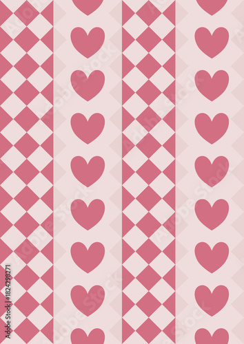 Seamless lovely pattern in soft pink and dark rose vertical stripes of repeating hearts and diamond,argyle checks. Ideal for romantic backgrounds,fabric printing,gift wrapping, scrapbooking, wedding