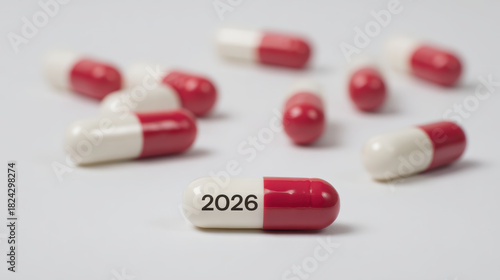 Red and white capsule with year 2026 printed on it symbolizing future of medicine, healthcare planning, and hope for new treatment