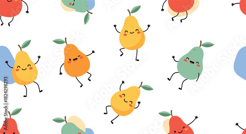 A playful and happy seamless pattern of cute cartoon pear characters with smiling faces, dancing and having fun on a white background.