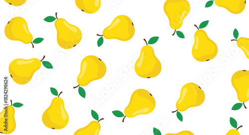 A simple and fresh seamless fruit pattern of bright yellow pears with small green leaves scattered on a clean white background.