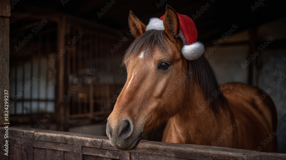 Obraz premium Cute brown horse wearing festive santa hat for christmas holiday. This calm animal portrait inside rustic wooden barn or cozy stable