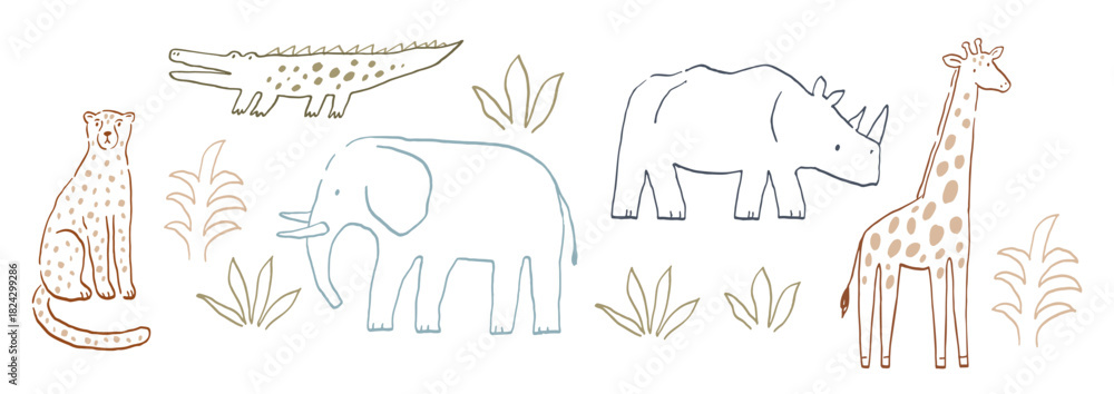 Obraz premium Safari animals cute illustration in doodl style. Outline hand drawn print. African wild animals character