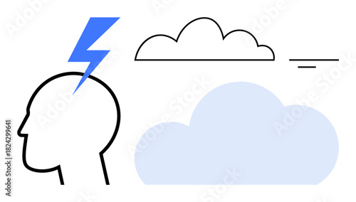 Mental health concept. Abstract ation of mental health with brain outline, storm lightning creativity and cloud . Mental health for mindfulness, psychology, therapy, emotional well-being