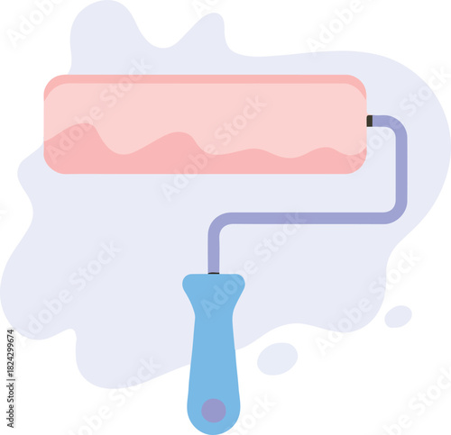 Paint roller vector with a pink roller and blue handle leaving a light purple paint splash on an isolated transparent background.