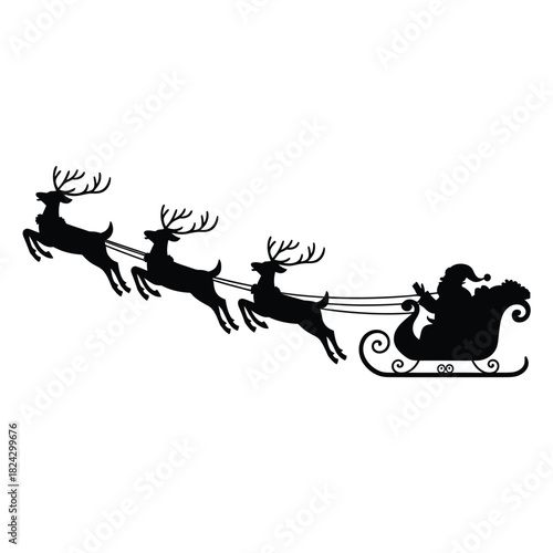 Silhouette of santa claus and reindeer flying in a sleigh