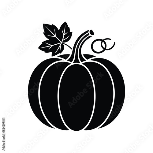 Black silhouette of a pumpkin with a stem and leaf