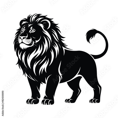 Majestic black silhouette of a standing lion with a full mane