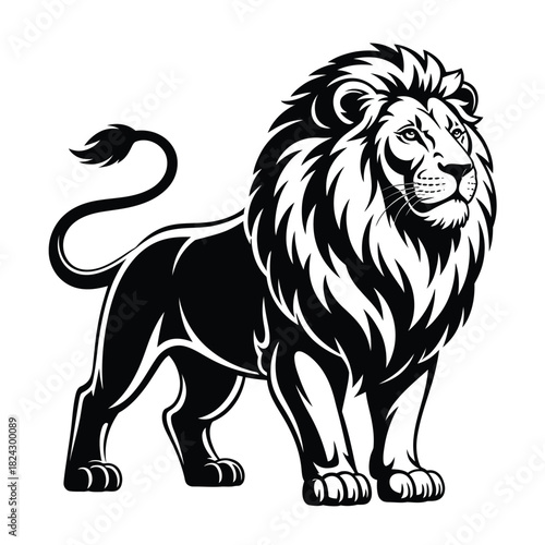Majestic black and white lion illustration standing proudly