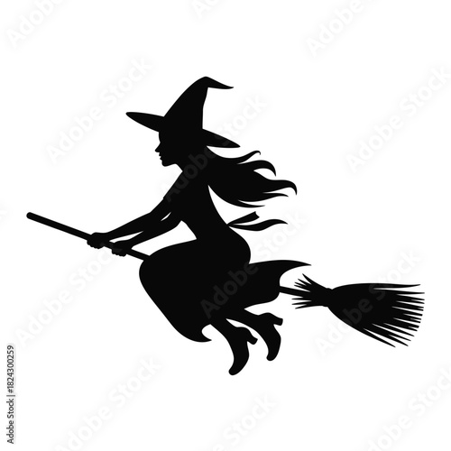 Silhouette of a witch flying on a broomstick against a white background
