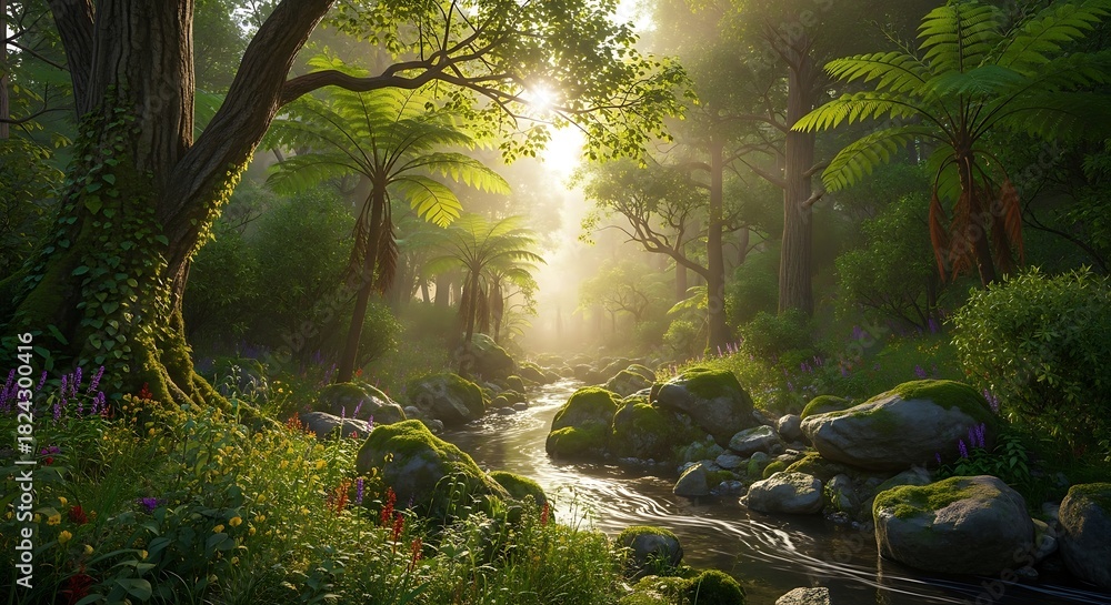 Obraz premium Vibrant Forest Stream with Sunbeams and Moss-Covered Rocks