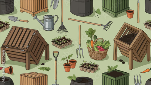 Gardening Equipment Seamless Pattern Illustrated Garden Tools and Produce