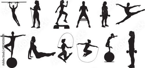 Silhouette collection of women exercising in various fitness activities