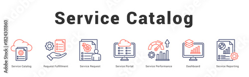 Service Catalog Modern and clean web banner illustration featuring thematic icons for visual communication