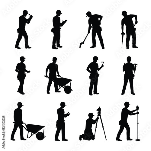 Silhouettes of construction workers performing various tasks on a white background
