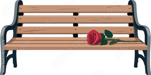 Park bench with a single red rose vector illustration on a wooden seat, symbolizing romance or remembrance