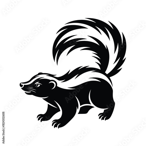 Stylized black and white skunk illustration with bushy tail