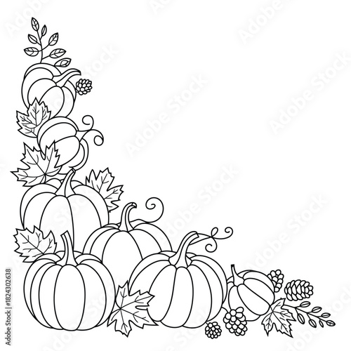 Autumn corner decoration with pumpkins and leaves sketch