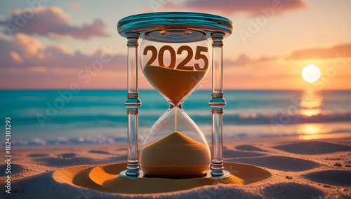 Sunset Hourglass Countdown to 2025 on Tropical Beach
