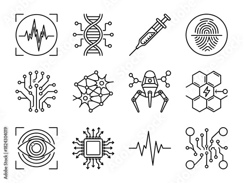 Futuristic Biohacking Bio Tech Transhumanism Icons Set