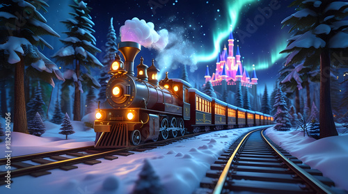 Enchanted Steam Train Traveling Toward a Glowing Castle