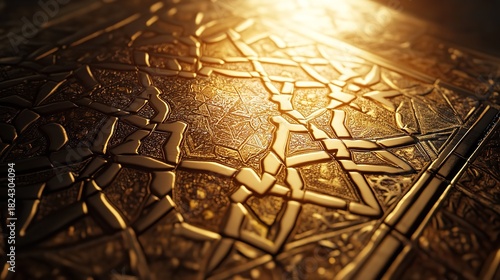Intricate golden geometric pattern illuminated by warm light, creating a luxurious and textured abstract background