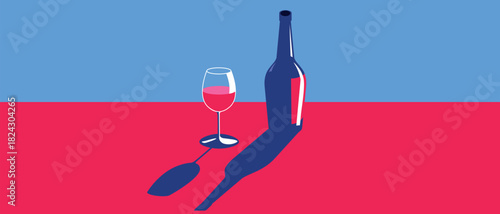 Wine bottle, glass, isometric style, vector graphics, party concept, drinks, red wine, merlot. Restaurant banner, bar poster, alcoholism, white wine, cocktail, wine list, tasting, sommelier
