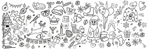 Huge Hand-Drawn Christmas & New Year Doodle Set – Santa Claus, Winter Holiday Icons, Gifts, Fireworks, Snowflakes, Festive Decorations, Seasonal Elements Line Art Collection 2026