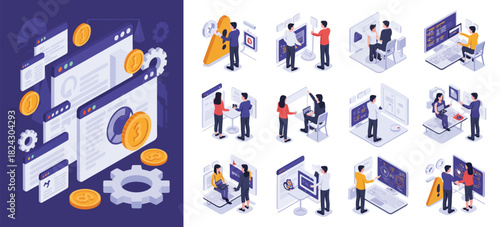 Eco power solar energy isometric icons showing panels, batteries, smart grids, green technology components, renewable electricity solutions, sustainability illustrations for professional usage.