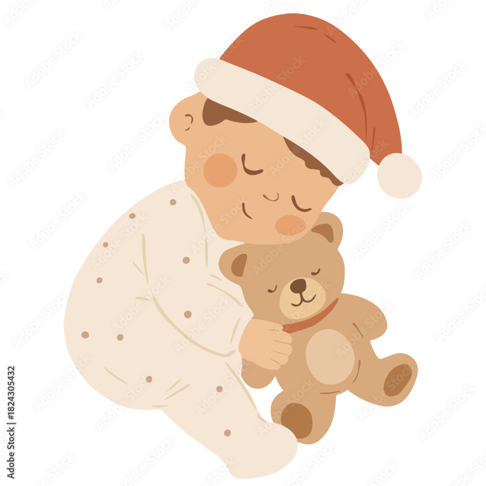 Obraz premium Cute Baby Sleeping with Teddy Bear in Christmas Pajamas Illustration