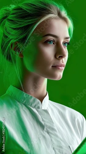 Woman in white coat looks away against vibrant green backdrop