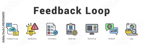 Feedback Loop   Modern and clean web banner illustration featuring thematic icons for visual communication