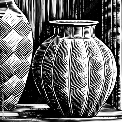 Intricate black and white illustration of decorative pottery