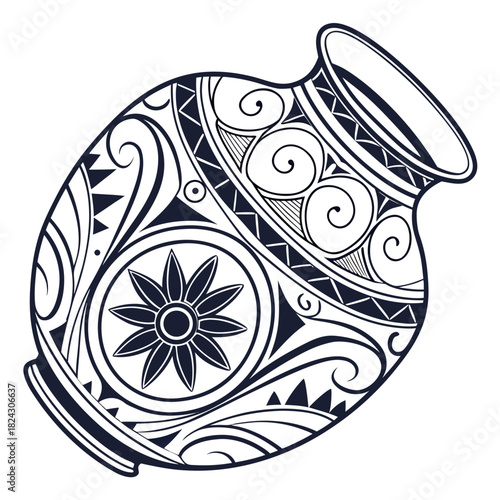 Ornate ancient pottery vessel with geometric and swirl designs