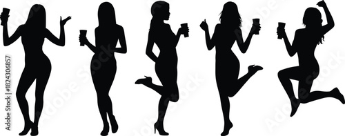 Celebration silhouettes, drink gesture, festive pose, jumping figures, black outline, party energy, social vibe, motion study, lifestyle moment, expressive stance
