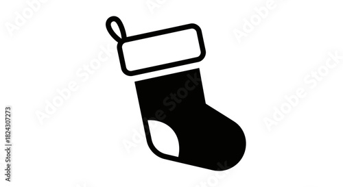 Black and white simple icon of a Christmas stocking with a white cuff and heel.