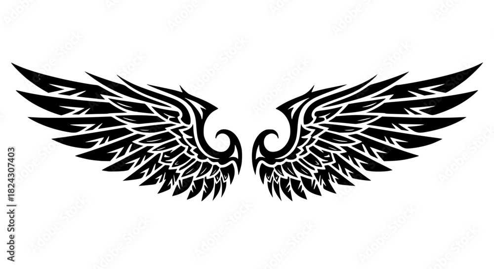 Obraz premium Tribal style vector wings, bold lines, tattoo style, isolated, symmetrical design