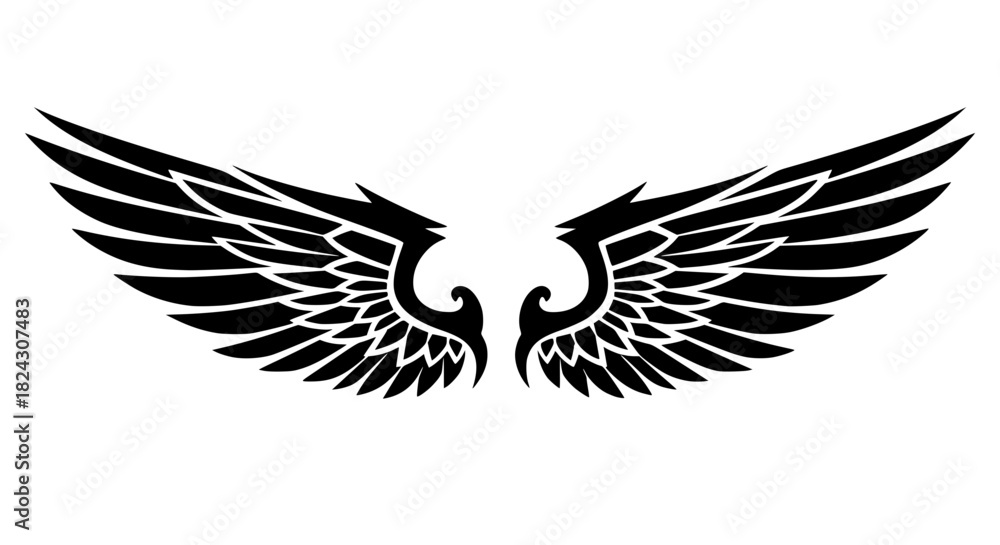 Obraz premium Tribal style vector wings, bold lines, tattoo style, isolated, symmetrical design