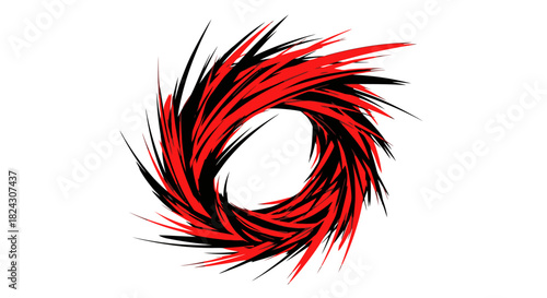 A dynamic abstract circular design with sharp red and black spiky elements, creating a swirling vortex effect on a white background, suitable for various graphic applications.