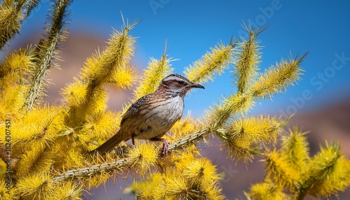 A Cactus Wren Rests In The Branches Of A Yellow Palo Verde Tree In The Sonoran Desert Near Tucson Arizona