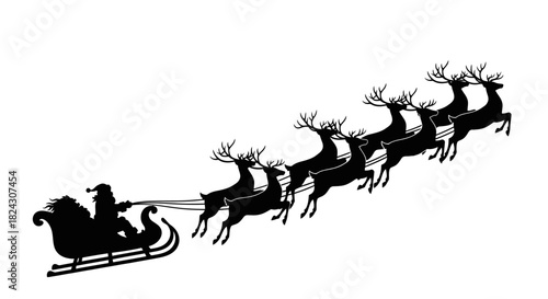 Silhouette of Santa Claus riding in a sleigh pulled by reindeer.