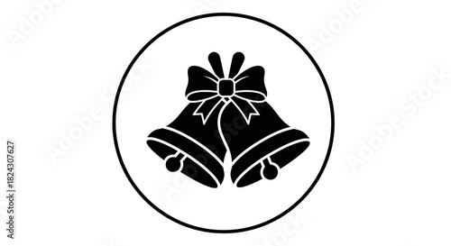 A black and white graphic illustration of two wedding bells tied together with a bow.