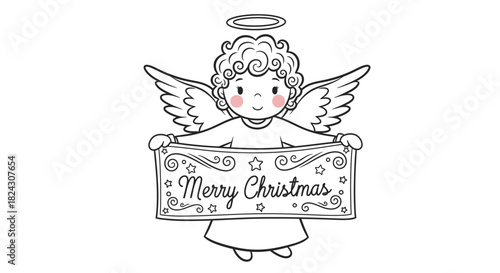 A cute cartoon angel with curly hair and wings holding a Merry Christmas sign.